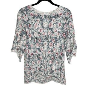 Solitaire Embroidered Floral Peasant Top Tunic S Scalloped Hem Boho Cottagecore